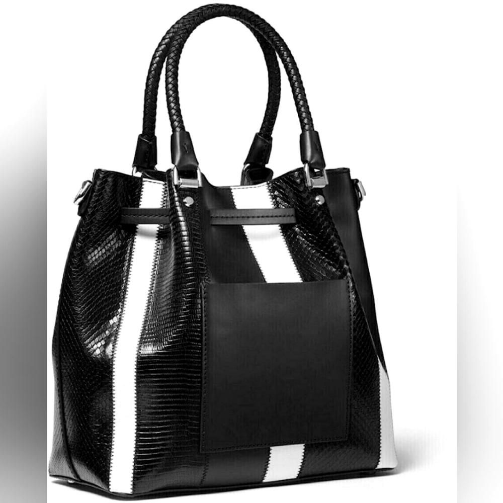 Michael Kors Blakely Medium black & white Striped Leather Bucket Bag